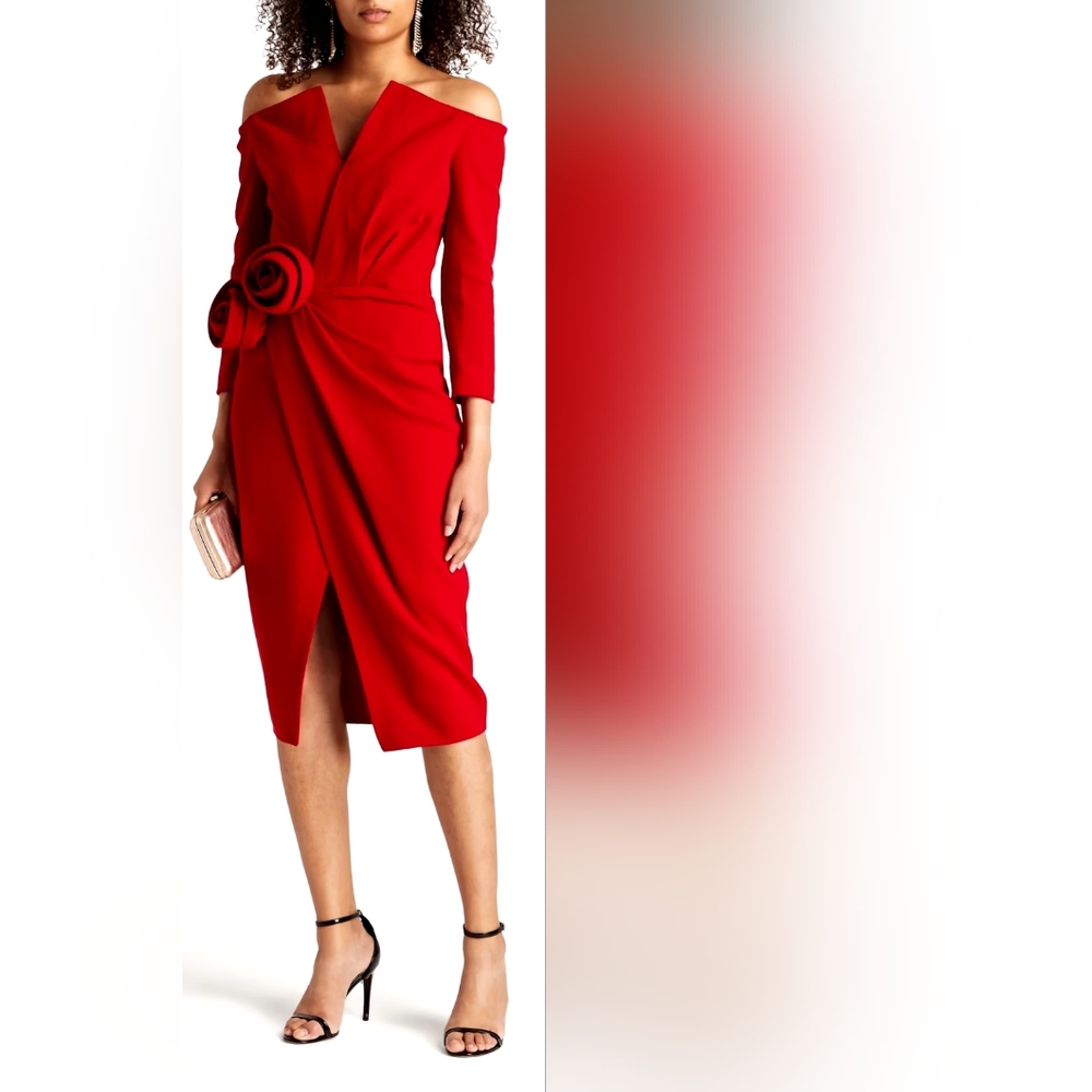 ^$3,490 OSCAR DE LA RENTA RED WOOL ROSETTE ELEGANT DRESS US 0 - Picture 9 of 10